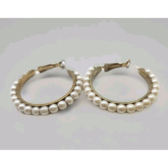Gold Tone Hoop Earrings Faux Pearl Pierced Post - Picture 1 of 6